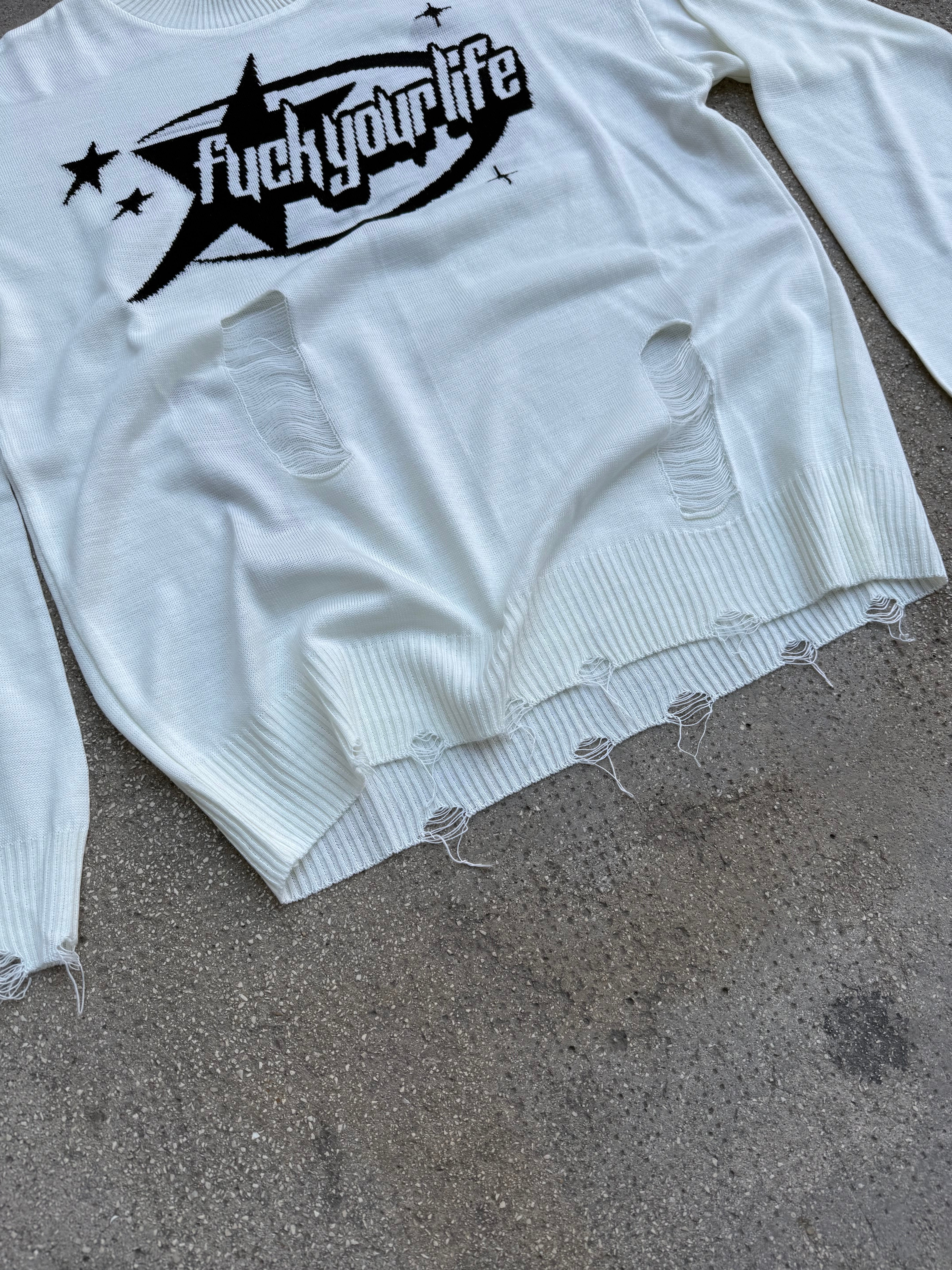Maglione Logato Sfilacciato White