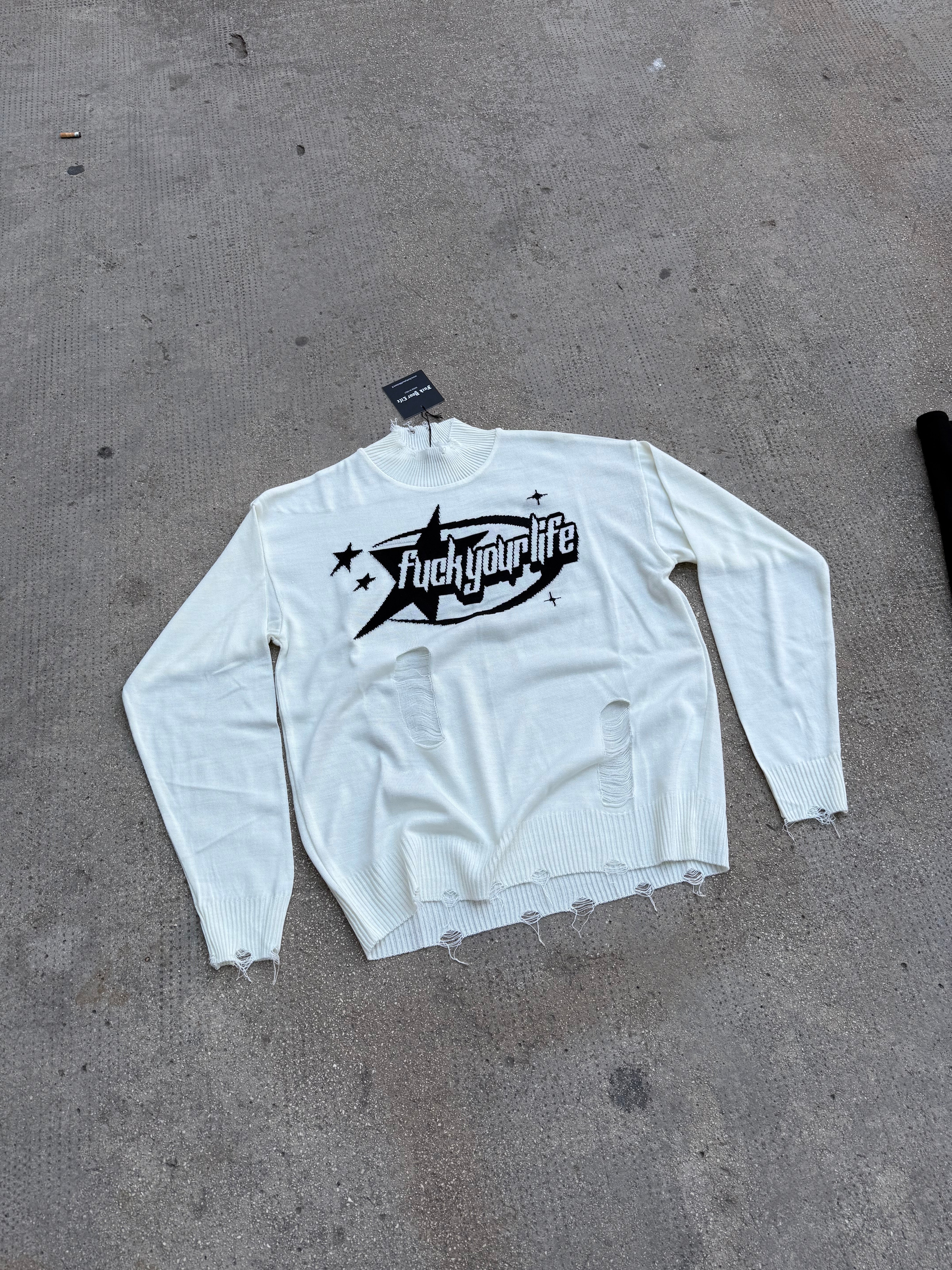 Maglione Logato Sfilacciato White